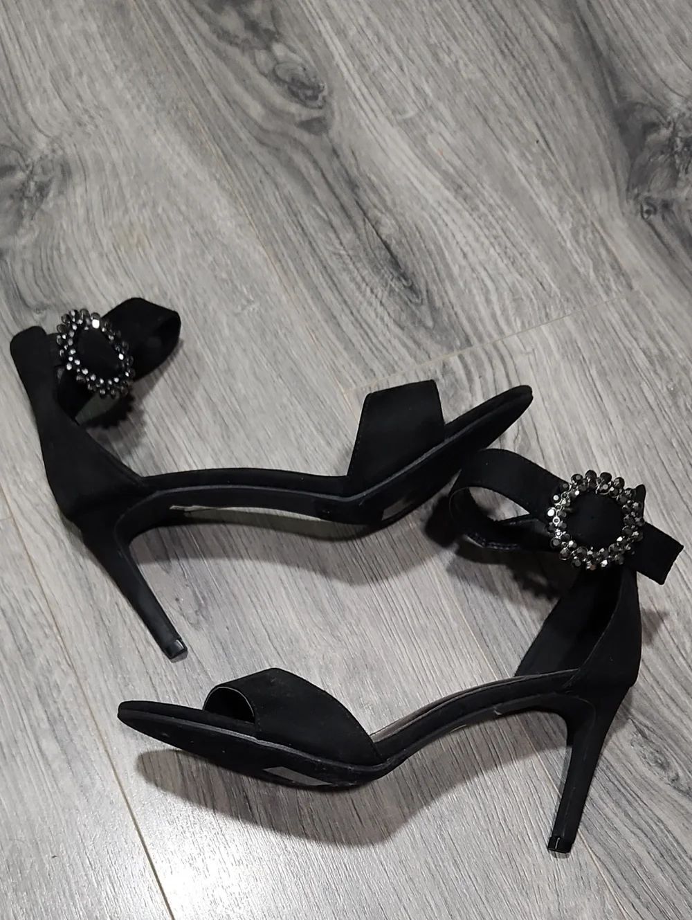 Spring Step Black Satin Open-Toe Ankle-Strap Heels with Crystal Buckle